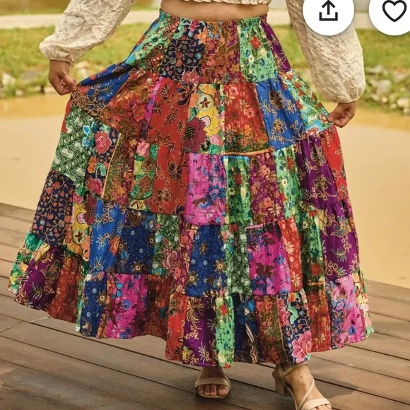 100% SILK PATCHWORK TIERED MAXI SKIRT ELASTIC WAISTBAND SIZE MEDIUM - Picture 8 of 8